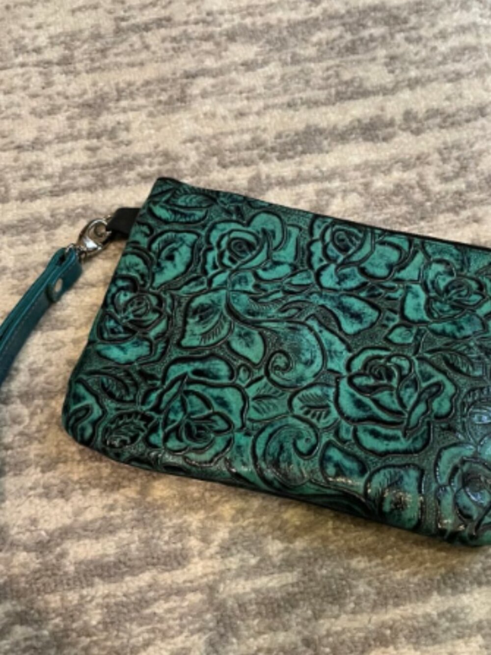 TURQUOISE ROSES LEATHER HANDMADE CLUTCH WRISTLET
